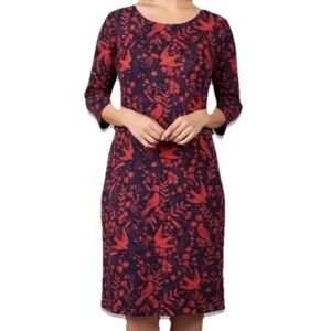 Boden Navy Dress with Red Floral Bird Print, Long Sleeve
